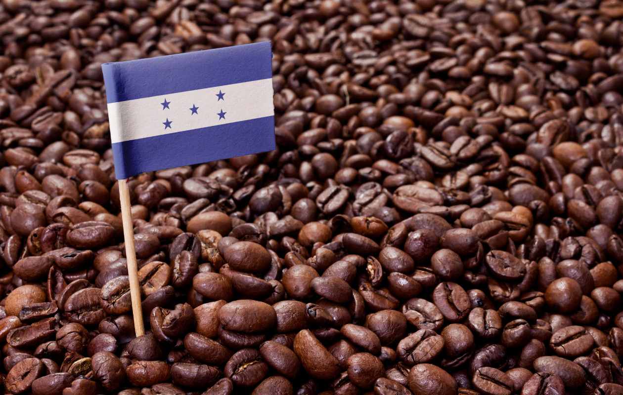 Fondo de granos de café tostado con la bandera de Honduras en miniatura - Memento Coffee