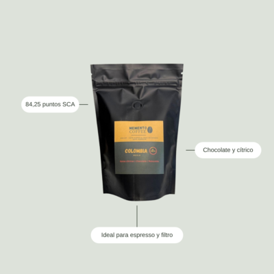 Café de especialidad de Colombia Golden Huila: 84,25 puntos SCA, notas de chocolate y cítrico, ideal para espresso y filtro