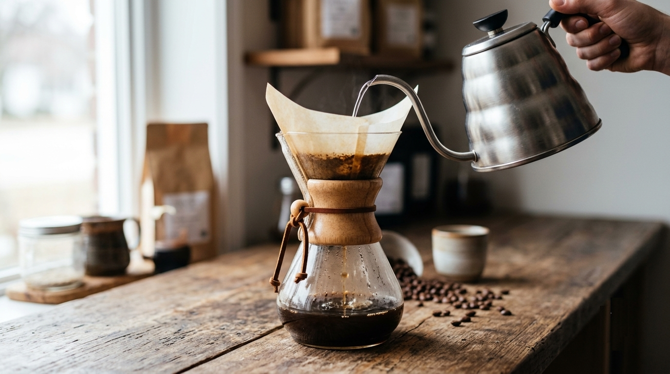 Preparación de café de filtro artesanal usando una cafetera Chemex