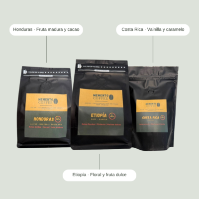 Pack Élite de café de especialidad con las bolsas de Honduras, Etiopía y Costa Rica y sus notas de sabor