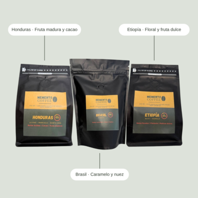 Pack Vibrante de café de especialidad con las bolsas de Honduras, Brasil y Etiopía y sus notas de sabor