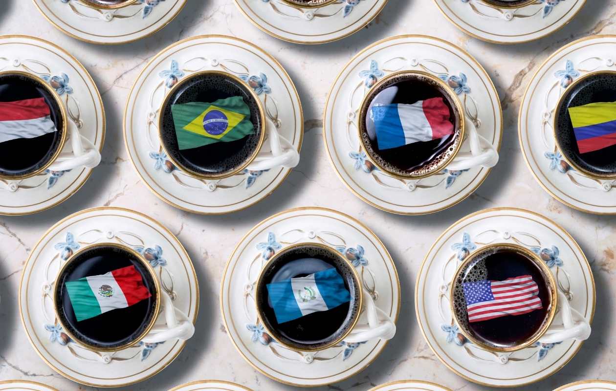 Vista aérea de tazas de café con banderas internacionales que representan los cafés de origen único de los packs de Memento Coffee.