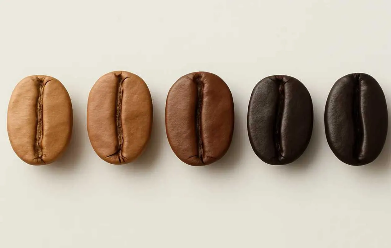 res granos de café alineados mostrando una progresión de tueste claro, medio y oscuro para ilustrar la acrilamida - Memento Coffee
