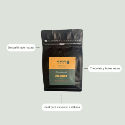 Café descafeinado de especialidad de Colombia Huila: descafeinado natural, notas de chocolate y frutos secos, ideal para espresso e italiana