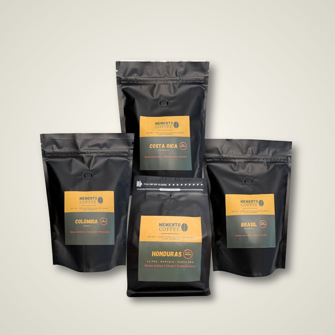 Pack de cuatro cafés de especialidad de origen latinoamericano. Café de Colombia, Costa Rica, Honduras y Brasil