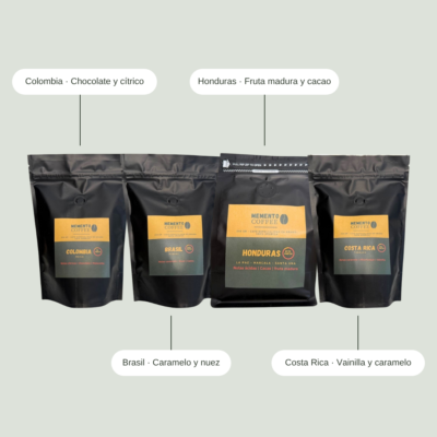 Pack Tropical de café de especialidad con las bolsas de Colombia, Brasil, Honduras y Costa Rica y sus notas de sabor