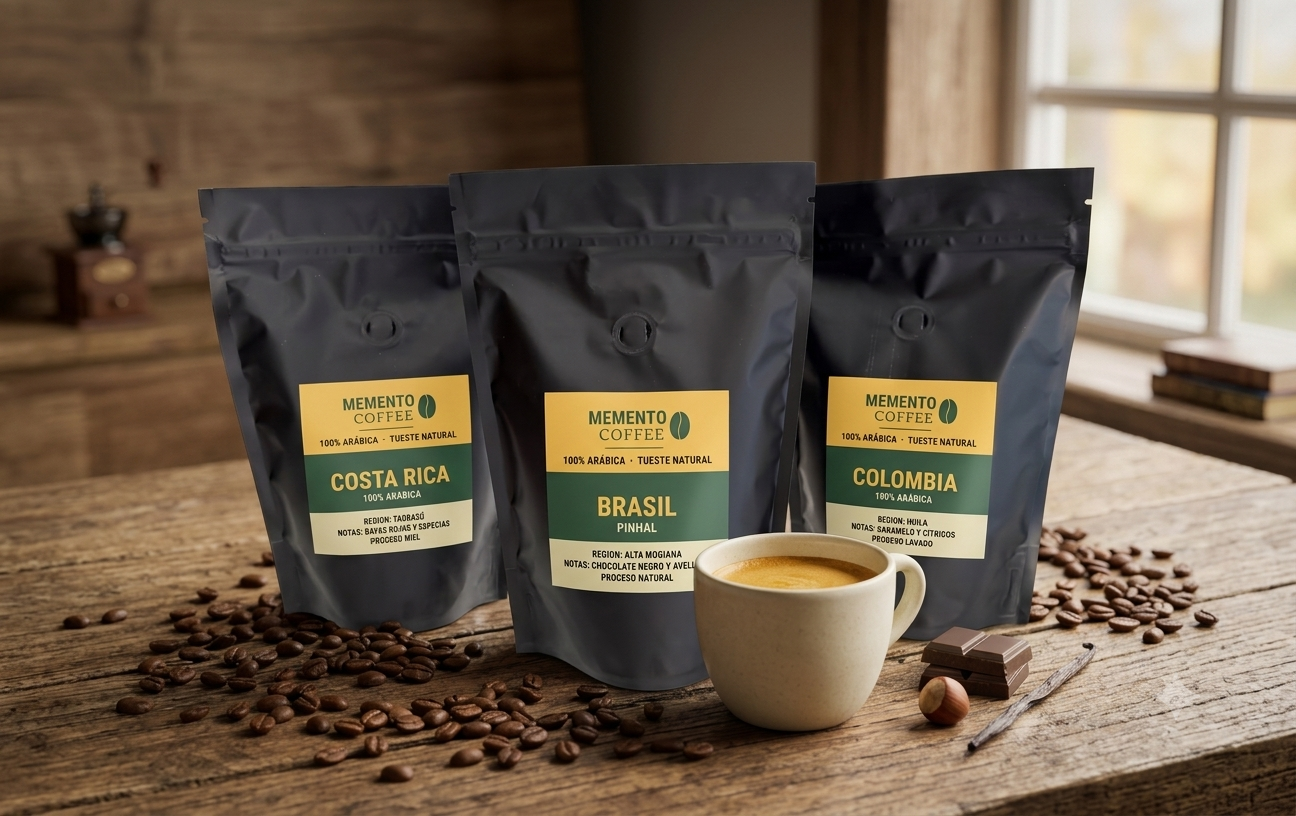 Pack Sweety de café de especialidad recién tostado con orígenes de Brasil, Colombia y Costa Rica de Memento Coffee