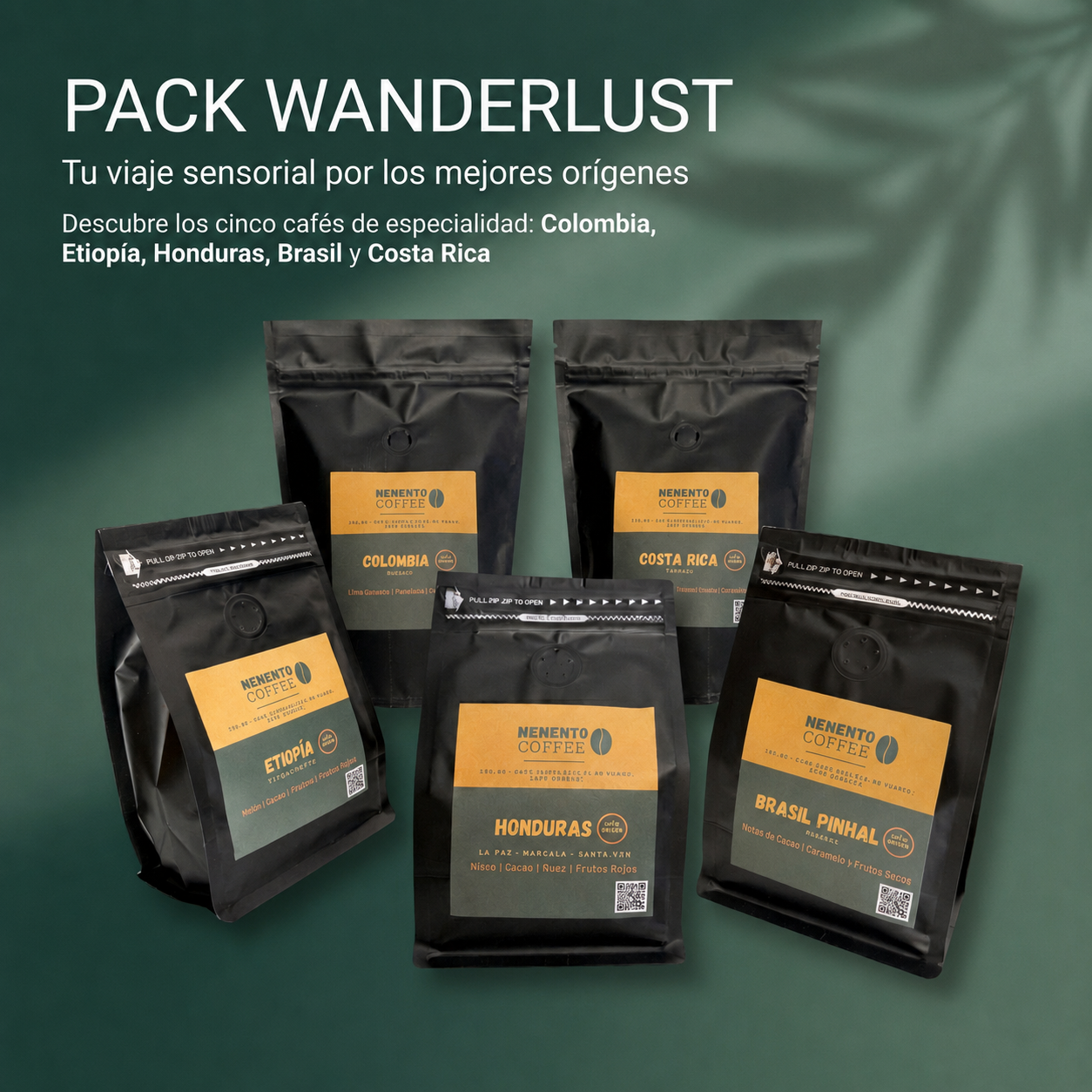 Pack Wanderlust Destacado Pack Wanderlust destacado con la selección completa de cinco cafés de especialidad de Memento Coffee