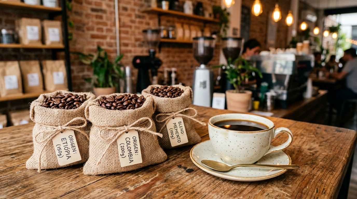 Taza de café y pequeños sacos de yute con diferentes orígenes de café de especialidad en una cafetería.