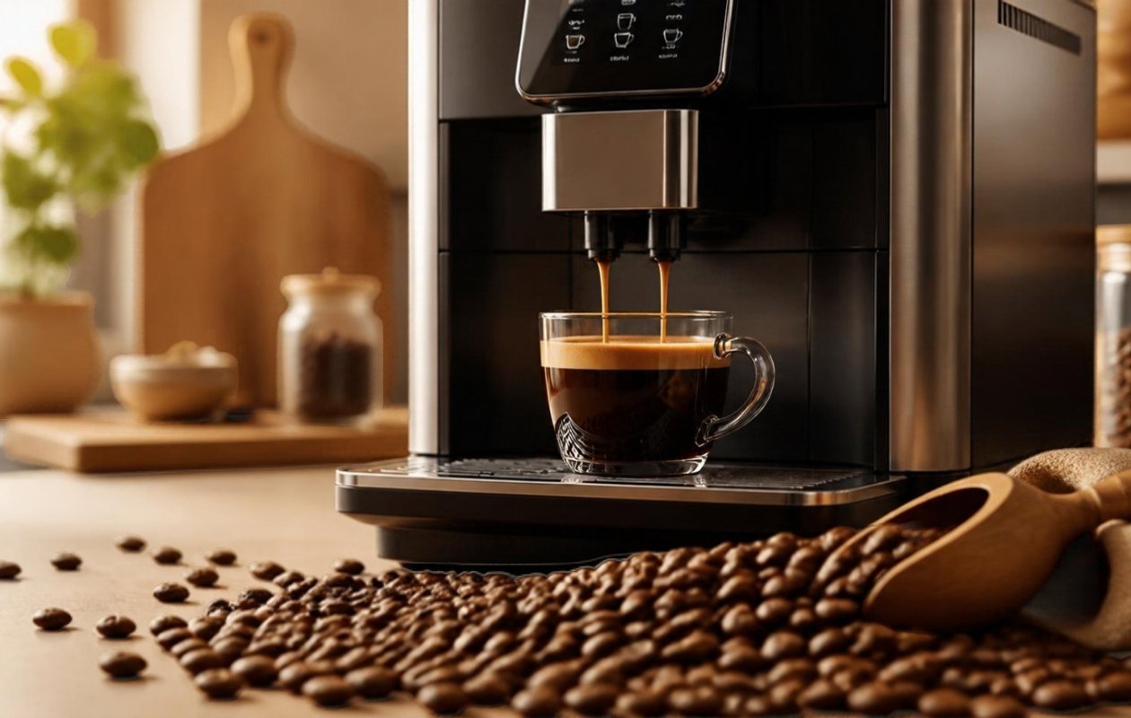 Cafetera superautomática sirviendo un espresso en taza de cristal con granos de café tostado sobre la encimera - Memento Coffee