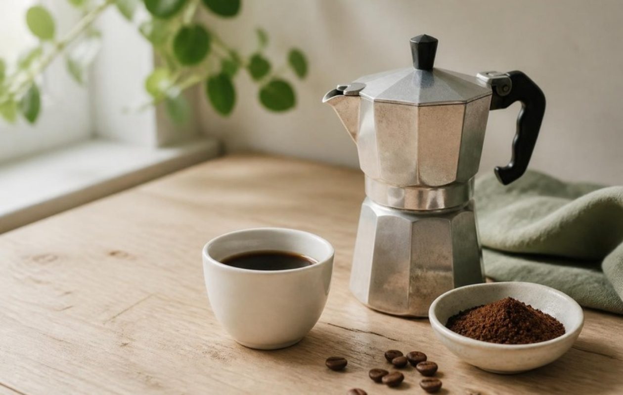 Cafetera italiana junto a una taza de café de especialidad recién hecho y un cuenco de café molido para moka - Memento Coffee